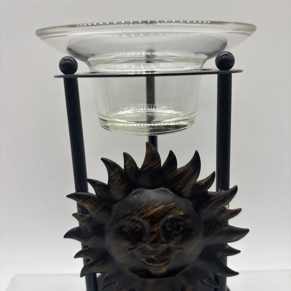 Vintage Celestial Sun Candle Holder & Oil Warmer Metal Bronze Finish Glass Top